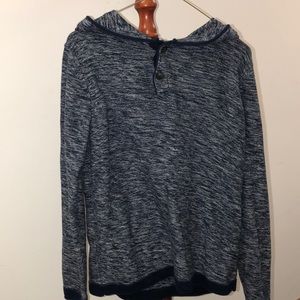 Blue and white sweater with x2 buttons and hood